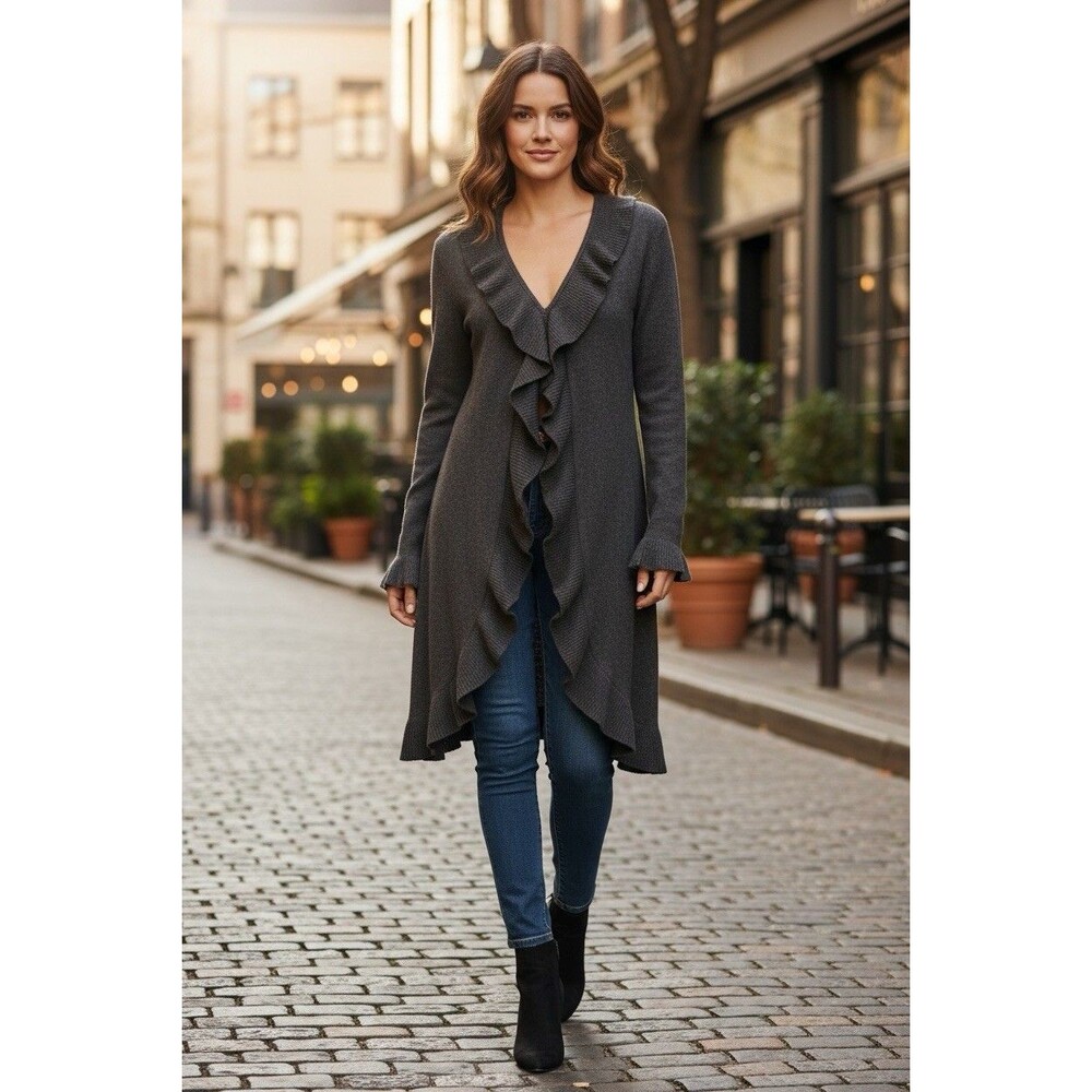 Beth Bowley Wool Blend Open Front Black Cardigan Size Medium Ruffles RTP $225